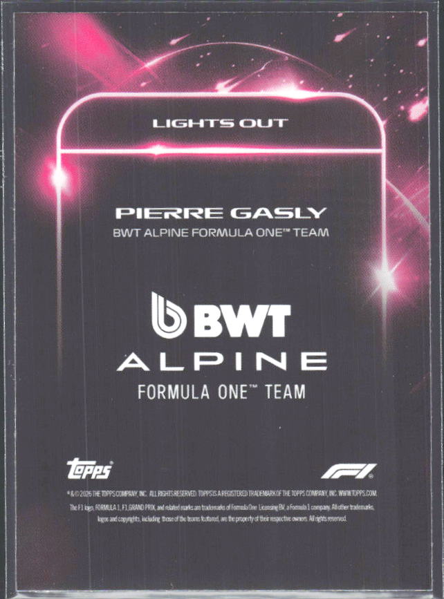 2026 Topps Formula 1 Lights Out Lights Out Pierre Gasly - baksida