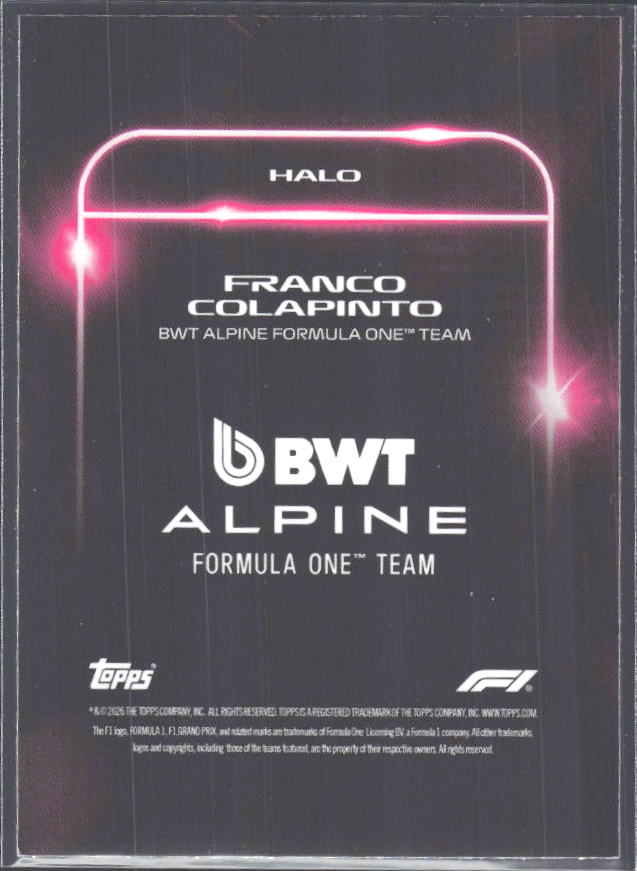 2026 Topps Formula 1 Lights Out Halo Franco Colapinto - baksida