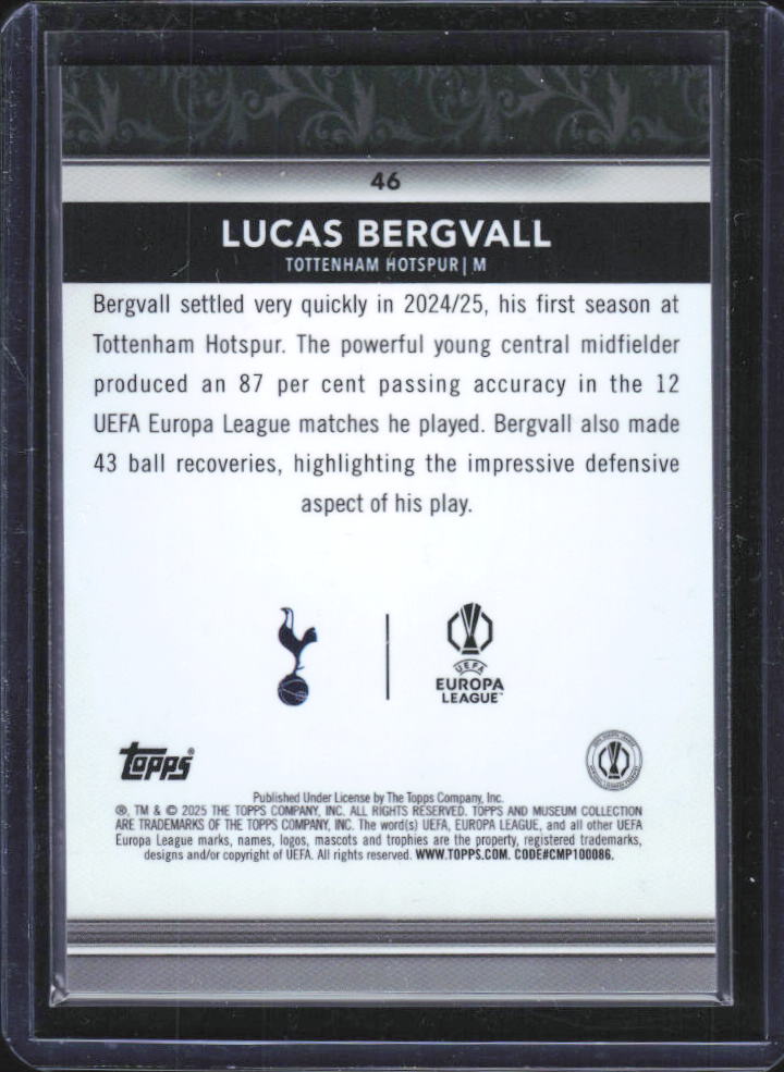 2024-25 Topps Museum Collection UEFA Lucas Bergvall RC #46 baksida