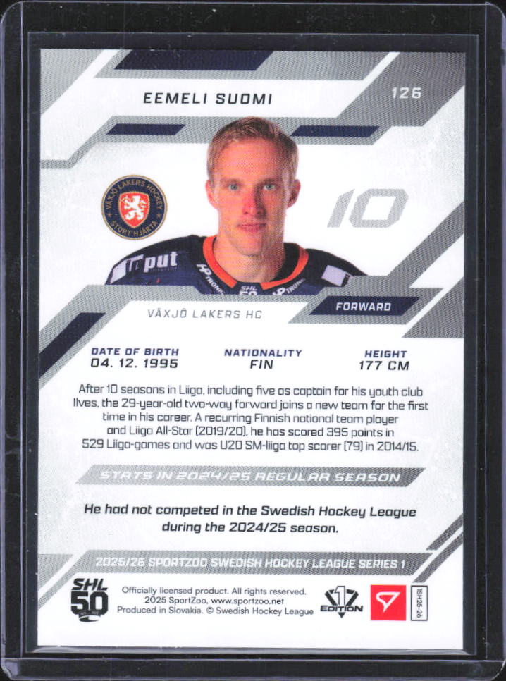 2025-26 SportZoo SHL Series 1 Eemeli Suomi Scarlet Red #17/20 baksida