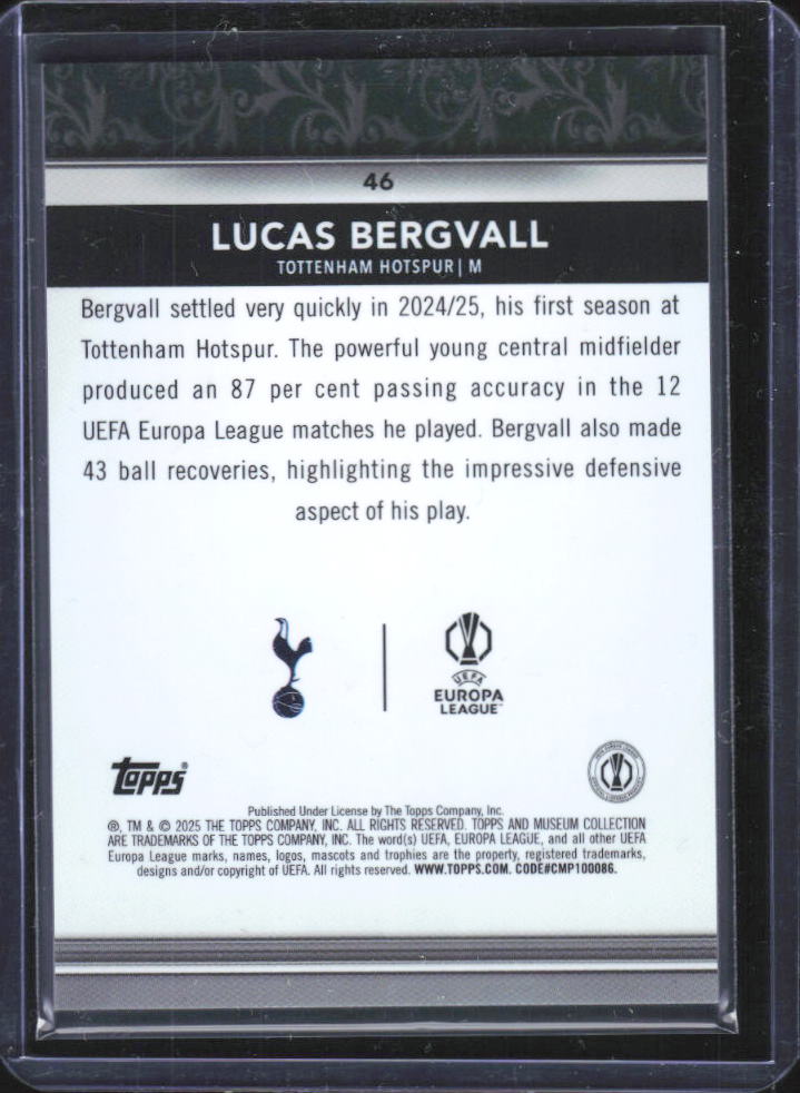 2024-25 Topps Museum Collection UEFA Lucas Bergvall RC #46 baksida