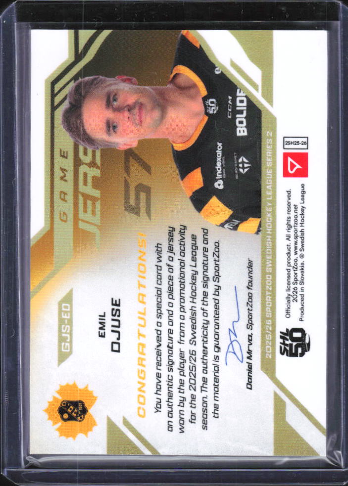2025-26 SportZoo SHL Series 1 Emil Djuse Game Jersey Signature 14/25 baksida