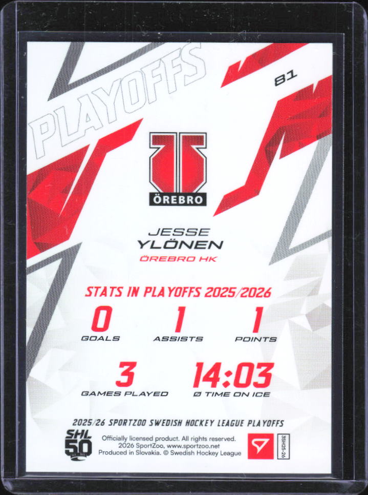 2025-26 SportZoo SHL Playoffs Jesse Ylönen Azure Blue #81 22/60 baksida