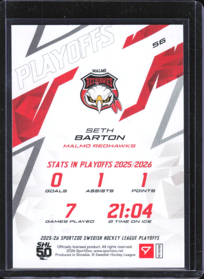 2025-26 SportZoo SHL Playoffs Seth Barton Fire Red #56 24/30 baksida