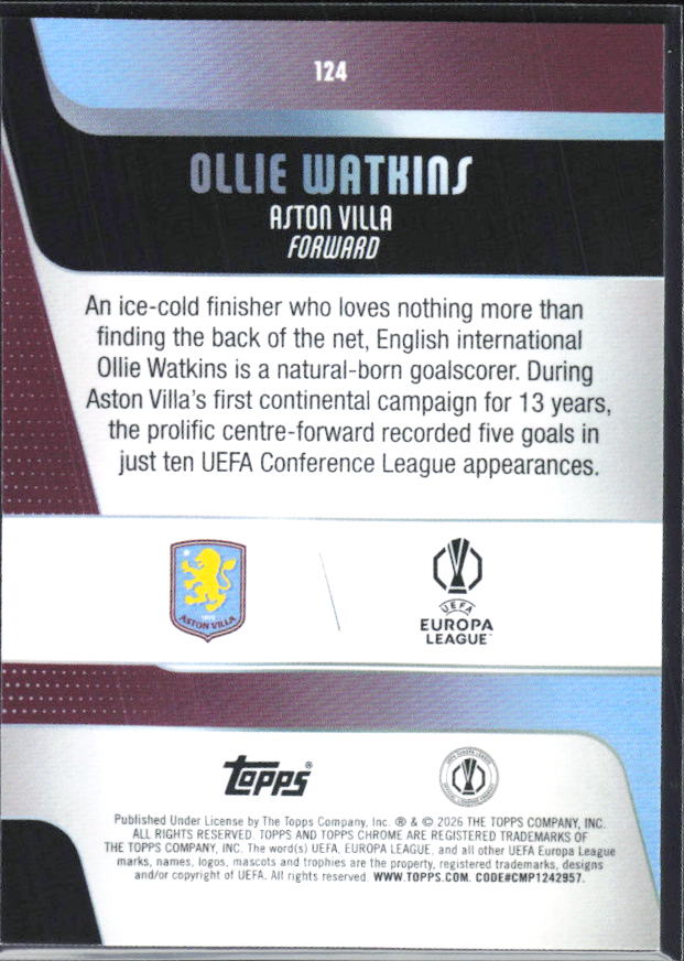 Ollie Watkins – 2025-26 Topps Chrome UEFA Club Competitions #124 – baksida