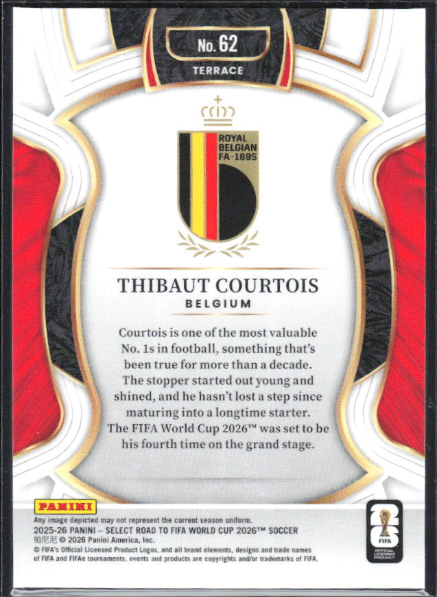 Thibaut Courtois – 2025-26 Panini Select Road to FIFA World Cup #62 Terrace – baksida