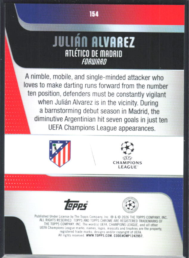 Julián Alvarez – 2025-26 Topps Chrome UEFA Club Competitions #154 – baksida