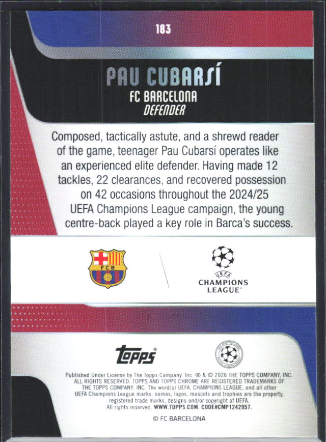 Pau Cubarsí – 2025-26 Topps Chrome UEFA Club Competitions #183 – baksida