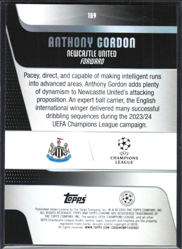 Anthony Gordon – 2025-26 Topps Chrome UEFA Club Competitions #159 – baksida