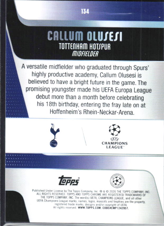 Callum Olusesi – 2025-26 Topps Chrome UEFA Club Competitions #134 – baksida