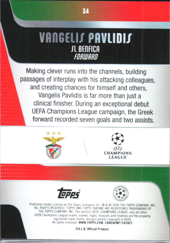 Vangelis Pavlidis – 2025-26 Topps Chrome UEFA Club Competitions #34 – baksida