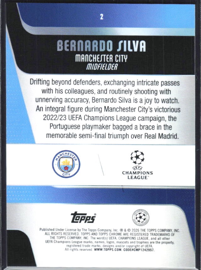 Bernardo Silva – 2025-26 Topps Chrome UEFA Club Competitions #2 – baksida