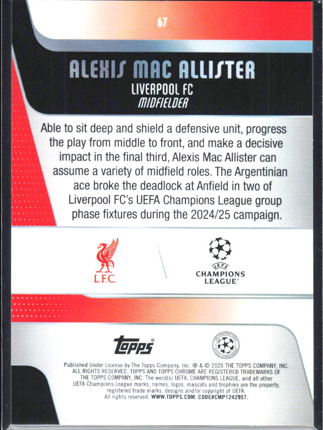Alexis Mac Allister – 2025-26 Topps Chrome UEFA Club Competitions #67 – baksida