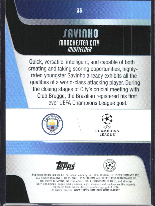 Savinho – 2025-26 Topps Chrome UEFA Club Competitions #33 – baksida