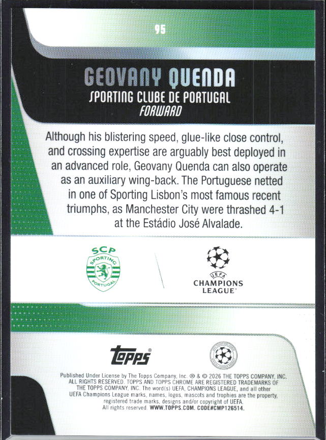 Geovany Quenda – 2025-26 Topps Chrome UEFA Club Competitions #95 – baksida