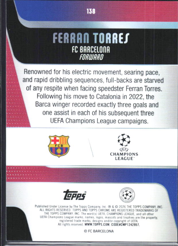Ferran Torres – 2025-26 Topps Chrome UEFA Club Competitions #138 – baksida