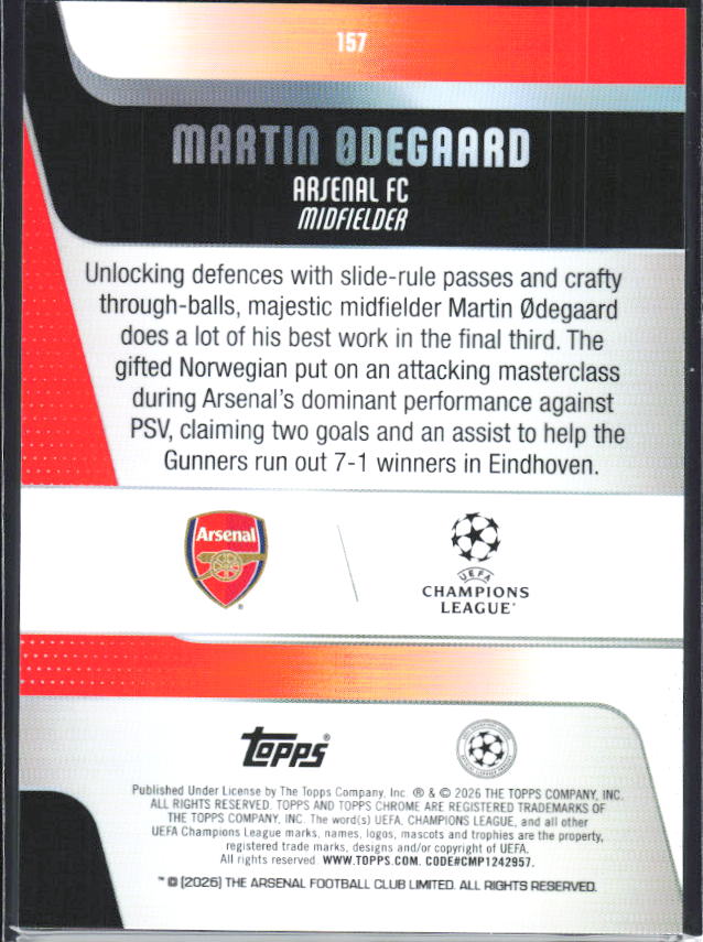 Martin Ødegaard – 2025-26 Topps Chrome UEFA Club Competitions #157 – baksida