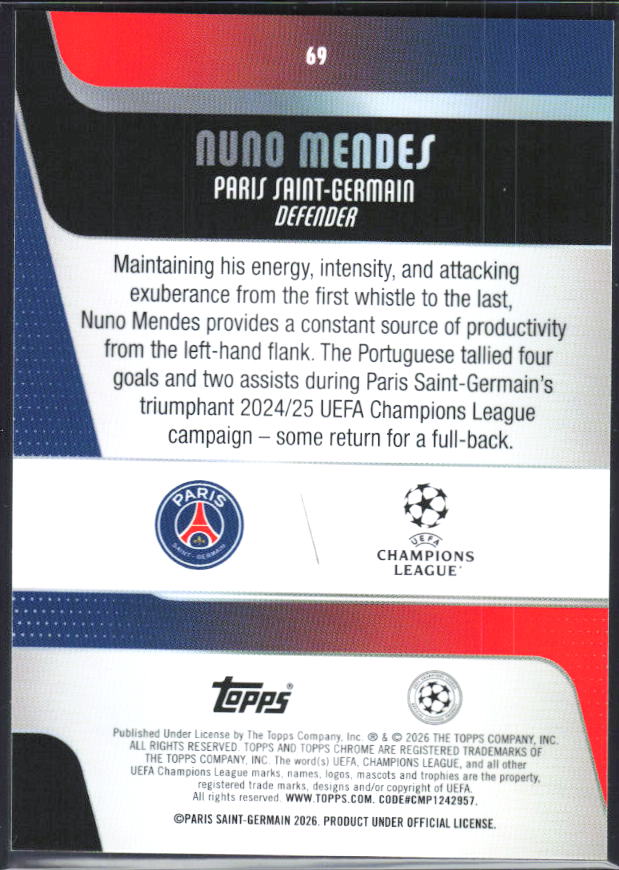 Nuno Mendes – 2025-26 Topps Chrome UEFA Club Competitions #69 – baksida
