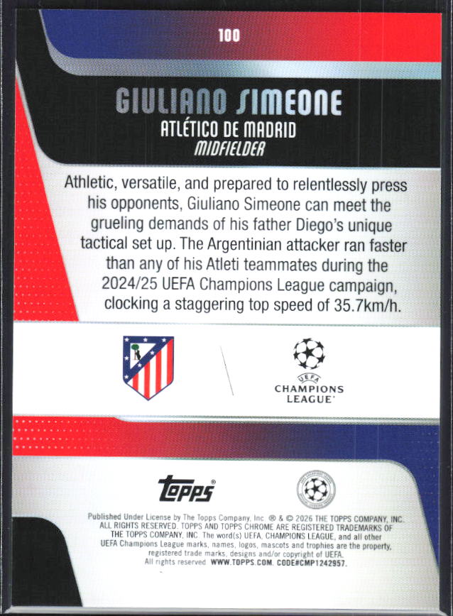 Giuliano Simeone – 2025-26 Topps Chrome UEFA Club Competitions #100 – baksida