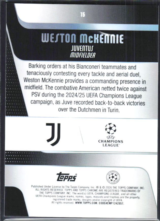 Weston McKennie – 2025-26 Topps Chrome UEFA Club Competitions #15 – baksida