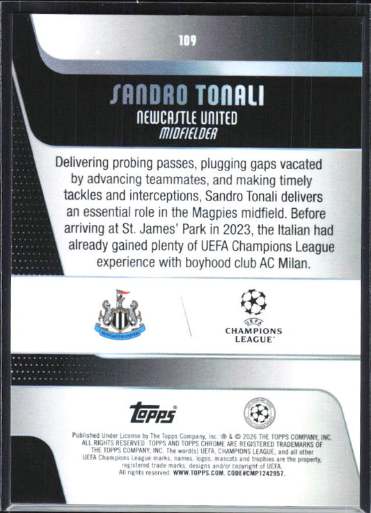 Sandro Tonali – 2025-26 Topps Chrome UEFA Club Competitions #109 – baksida