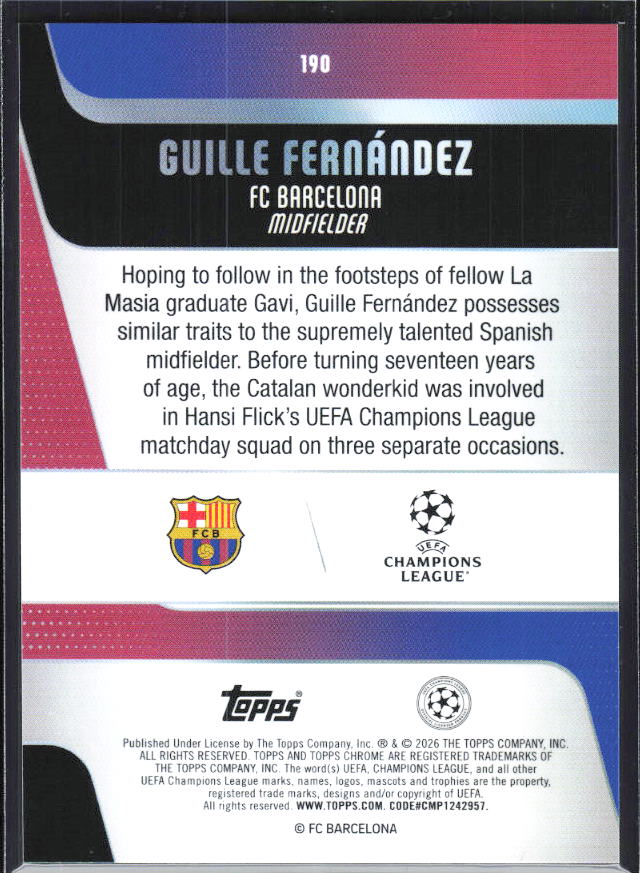 Guille Fernández – 2025-26 Topps Chrome UEFA Club Competitions #190 – baksida