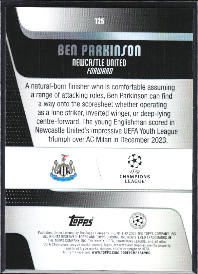 Ben Parkinson – 2025-26 Topps Chrome UEFA Club Competitions #125 – baksida