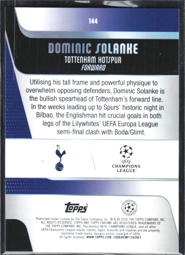 Dominic Solanke – 2025-26 Topps Chrome UEFA Club Competitions #144 – baksida