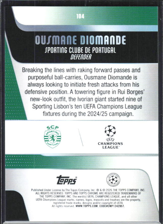 Ousmane Diomande – 2025-26 Topps Chrome UEFA Club Competitions #104 – baksida
