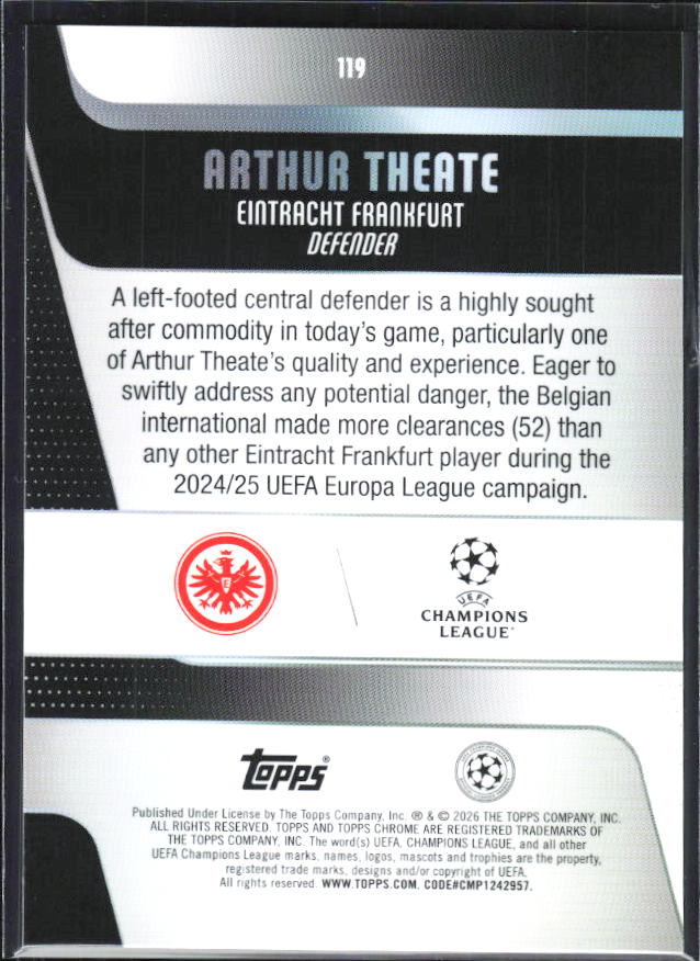 Arthur Theate – 2025-26 Topps Chrome UEFA Club Competitions #119 – baksida