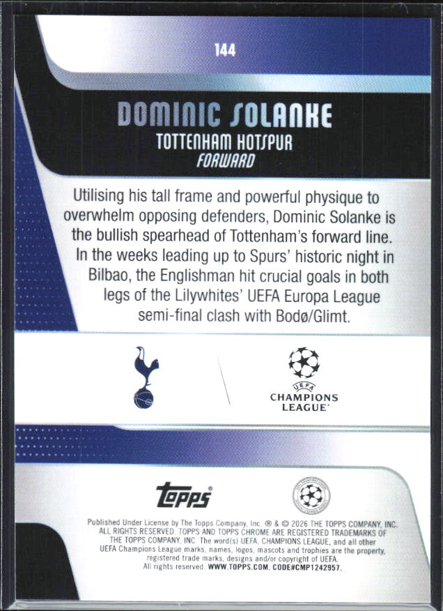 Dominic Solanke – 2025-26 Topps Chrome UEFA Club Competitions #144 – baksida
