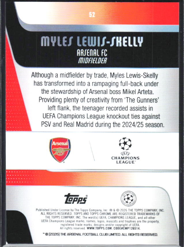 Myles Lewis-Skelly – 2025-26 Topps Chrome UEFA Club Competitions #52 – baksida