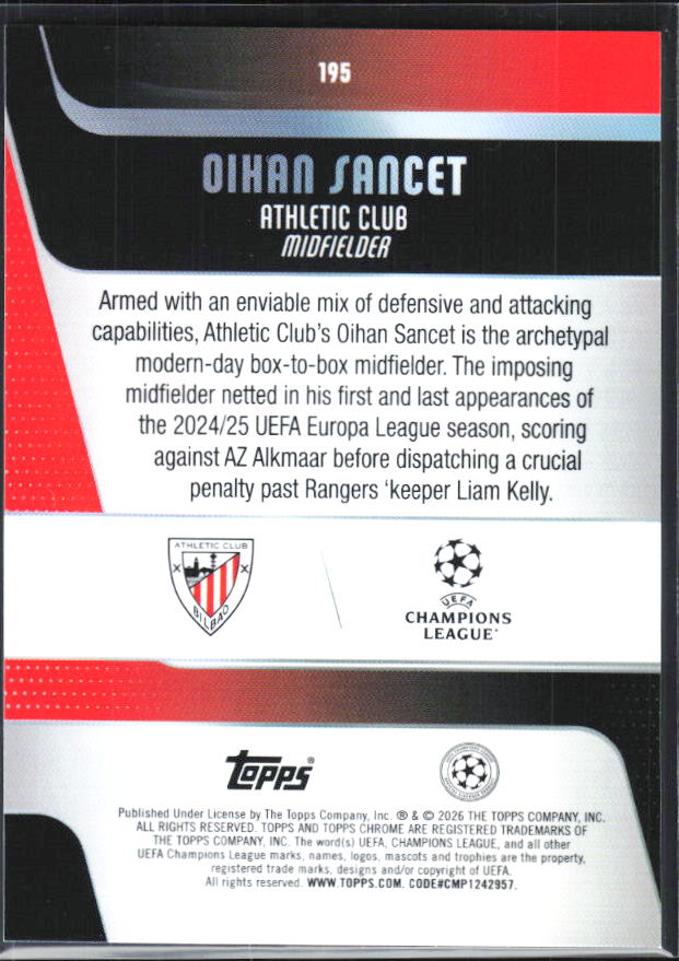 Oihan Sancet – 2025-26 Topps Chrome UEFA Club Competitions #195 – baksida
