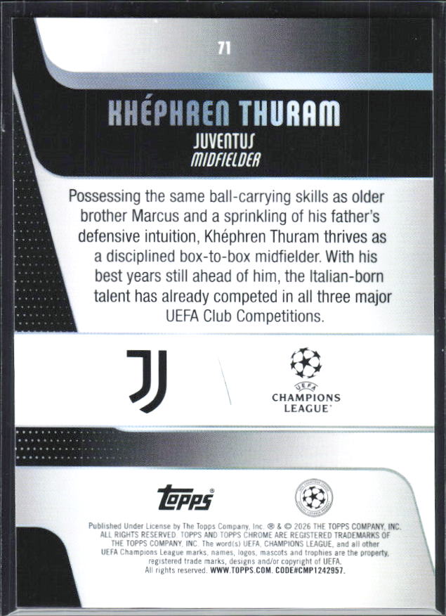 Khéphren Thuram – 2025-26 Topps Chrome UEFA Club Competitions #71 – baksida
