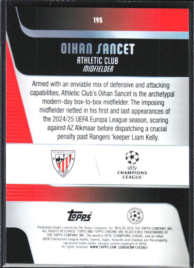 Oihan Sancet – 2025-26 Topps Chrome UEFA Club Competitions #195 – baksida