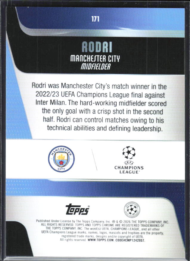 Rodri – 2025-26 Topps Chrome UEFA Club Competitions #171 – baksida
