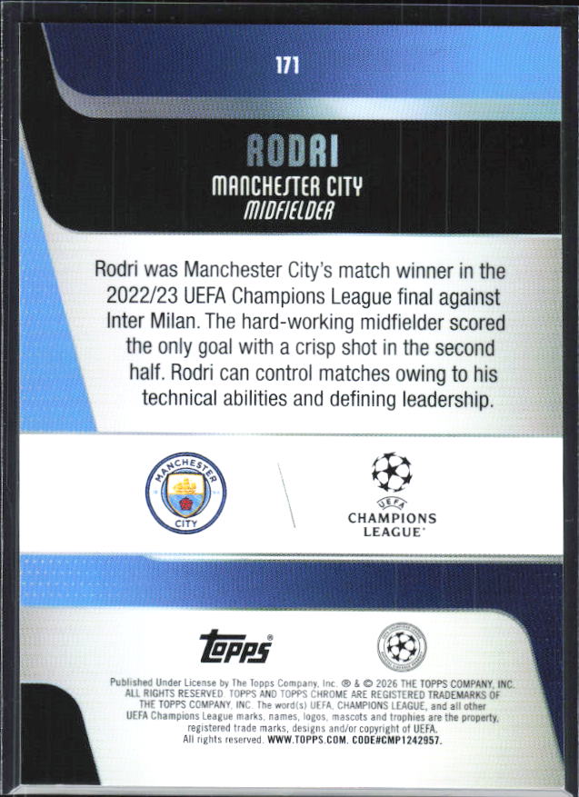 Rodri – 2025-26 Topps Chrome UEFA Club Competitions #171 – baksida