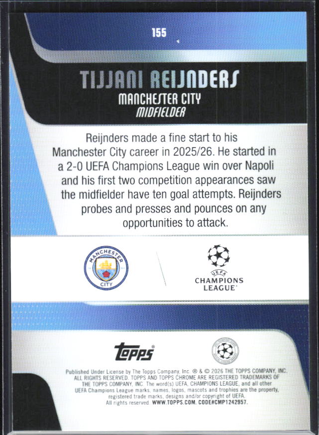 Tijjani Reijnders – 2025-26 Topps Chrome UEFA Club Competitions #155 – baksida