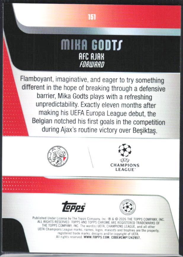 Mika Godts – 2025-26 Topps Chrome UEFA Club Competitions #151 – baksida