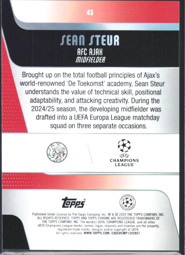 Sean Steur – 2025-26 Topps Chrome UEFA Club Competitions #43 – baksida