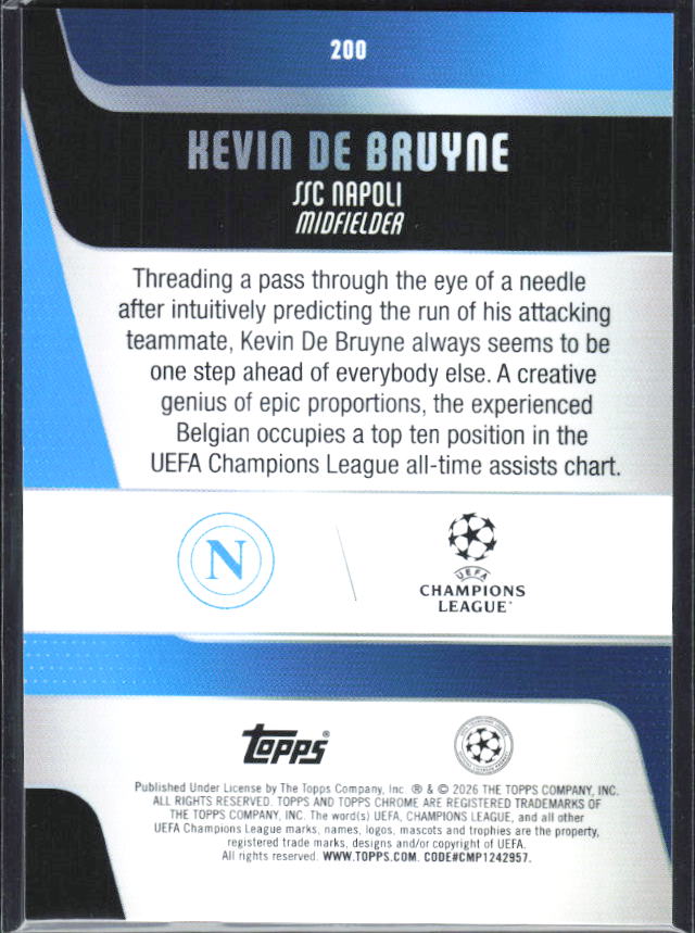 Kevin De Bruyne – 2025-26 Topps Chrome UEFA Club Competitions #200 – baksida