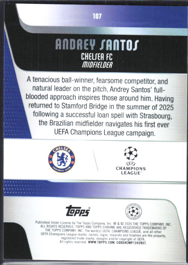 Andrey Santos – 2025-26 Topps Chrome UEFA Club Competitions #107 – baksida