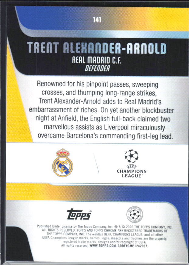 Trent Alexander-Arnold – 2025-26 Topps Chrome UEFA Club Competitions #141 – baksida