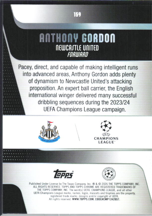 Anthony Gordon – 2025-26 Topps Chrome UEFA Club Competitions #159 – baksida