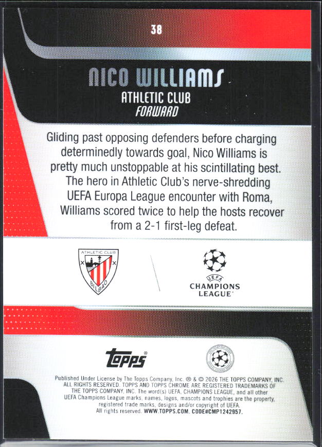 Nico Williams – 2025-26 Topps Chrome UEFA Club Competitions #38 – baksida