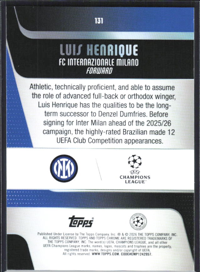 Luis Henrique – 2025-26 Topps Chrome UEFA Club Competitions #131 – baksida
