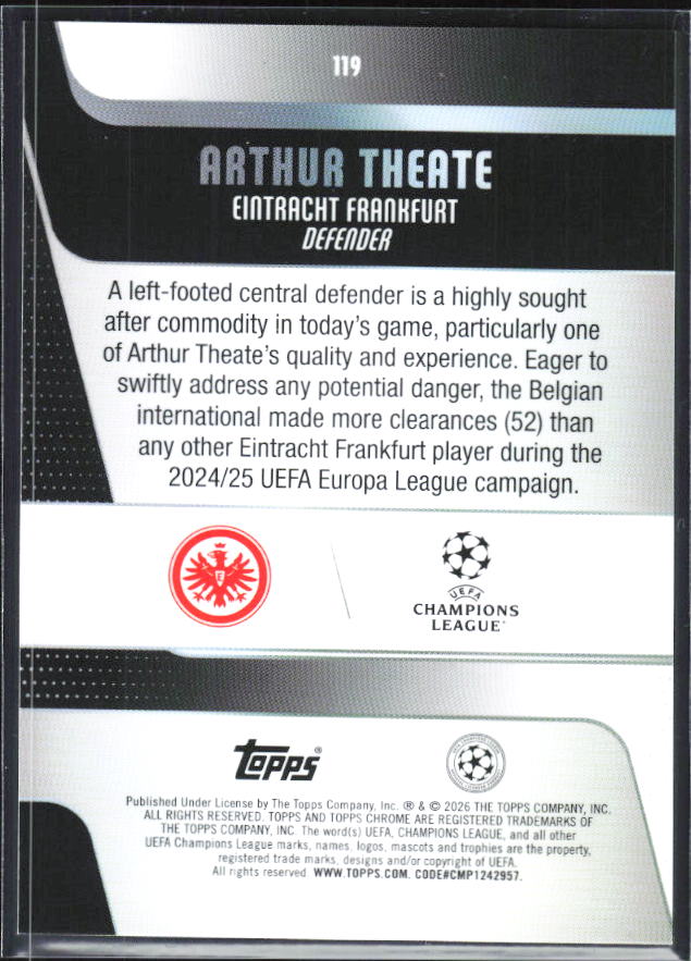 Arthur Theate – 2025-26 Topps Chrome UEFA Club Competitions #119 – baksida