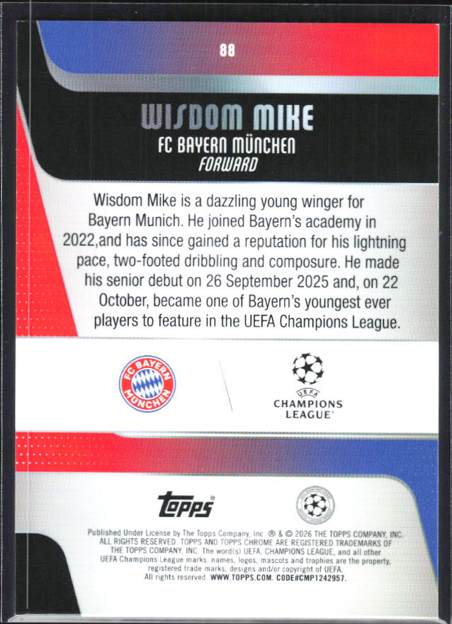 Wisdom Mike – 2025-26 Topps Chrome UEFA Club Competitions #88 – baksida