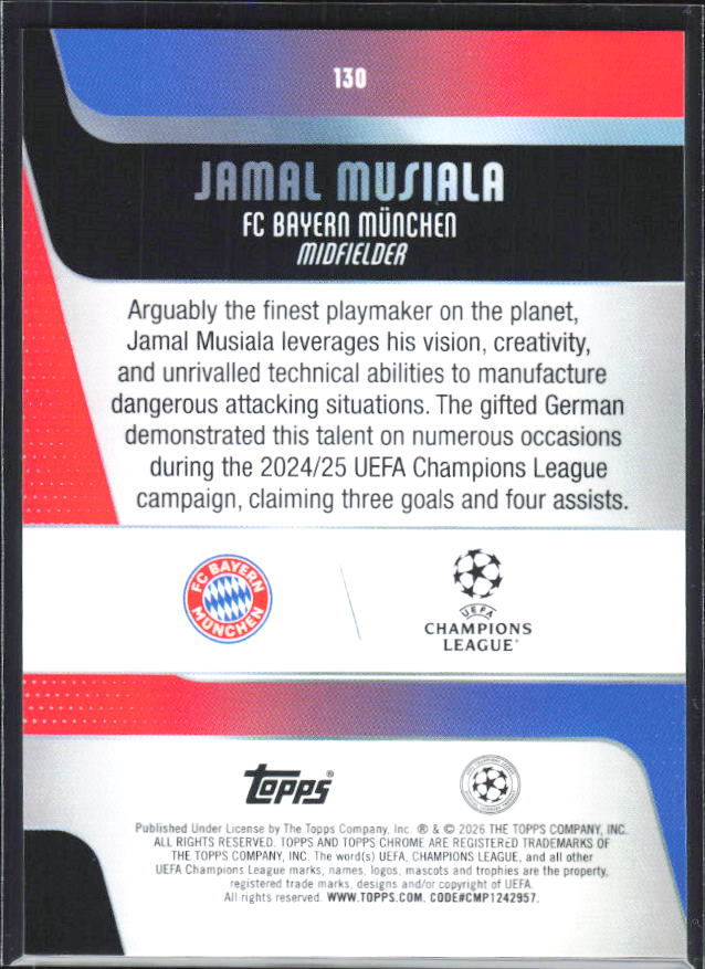 Jamal Musiala – 2025-26 Topps Chrome UEFA Club Competitions #130 – baksida