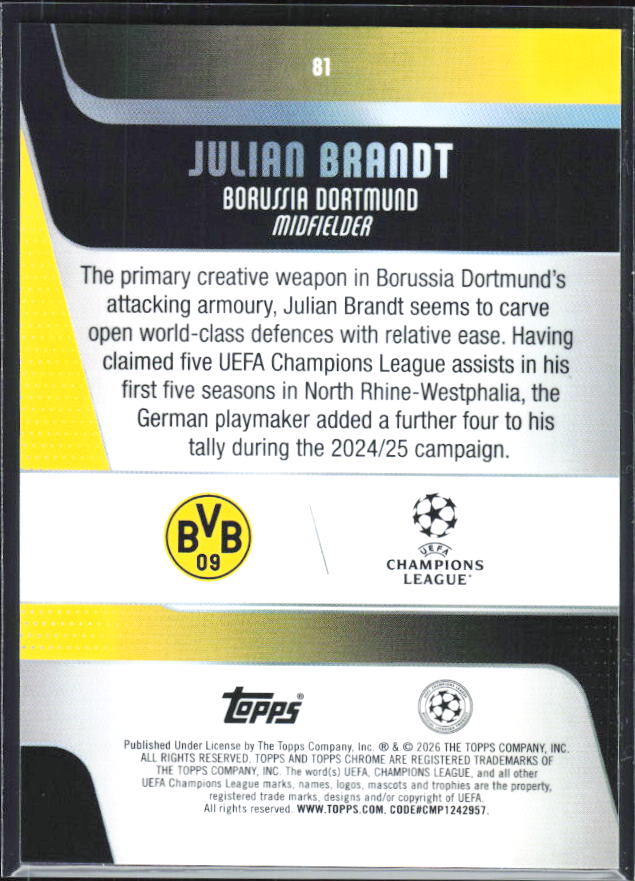 Julian Brandt – 2025-26 Topps Chrome UEFA Club Competitions #81 – baksida